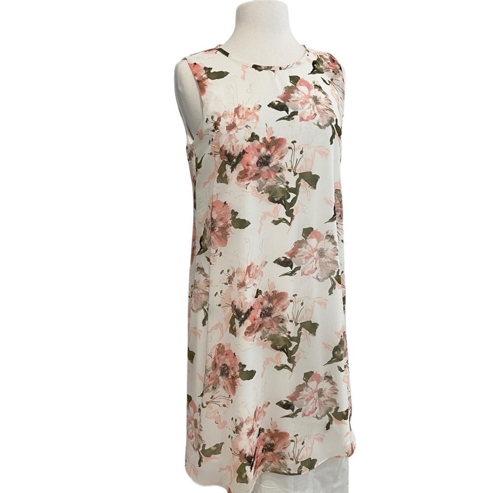 Frank Lyman designer flowy dress floral pink ecru white sleeveless round neck 8